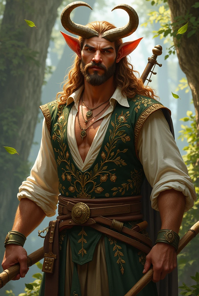 A gallant and virile adult faun with small, refined horns that curve elegantly from his forehead. His strong, masculine features are complemented by a well-groomed goatee, adding to his mature and charismatic presence. His skin is sun-kissed, with a robust and muscular build that speaks of strength and vitality. His hair is thick and wavy, cascading around his shoulders, with a few leaves and wildflowers woven in. He wears a finely tailored vest with intricate embroidery over a loose, open-necked shirt, showcasing patterns of vines and musical notes in rich, golden thread. A beautifully crafted lute rests on his back, and he holds a well-worn wooden flute in his hand, indicating his long-standing passion for music. His presence exudes confidence and charm, with a natural air of leadership. The surrounding air resonates with a deep, resonant melody, reflecting his skill as a bard and his connection to the world around him.