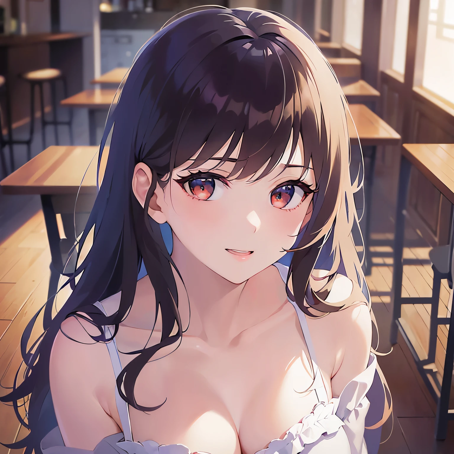 leaning forward, Shooting from above、Upper Body, Realistic, real person, (pale skin: 1.2), RAW photo, photorealistic, shiny skin, shiny hair、(A 2 woman with medium-length hair and bangs) and (wavy hair) and (brown hair) and (orange eyes) , White off-shoulder blouse 、smile, Cleavage, The background is a cafe、Alone、Are standing