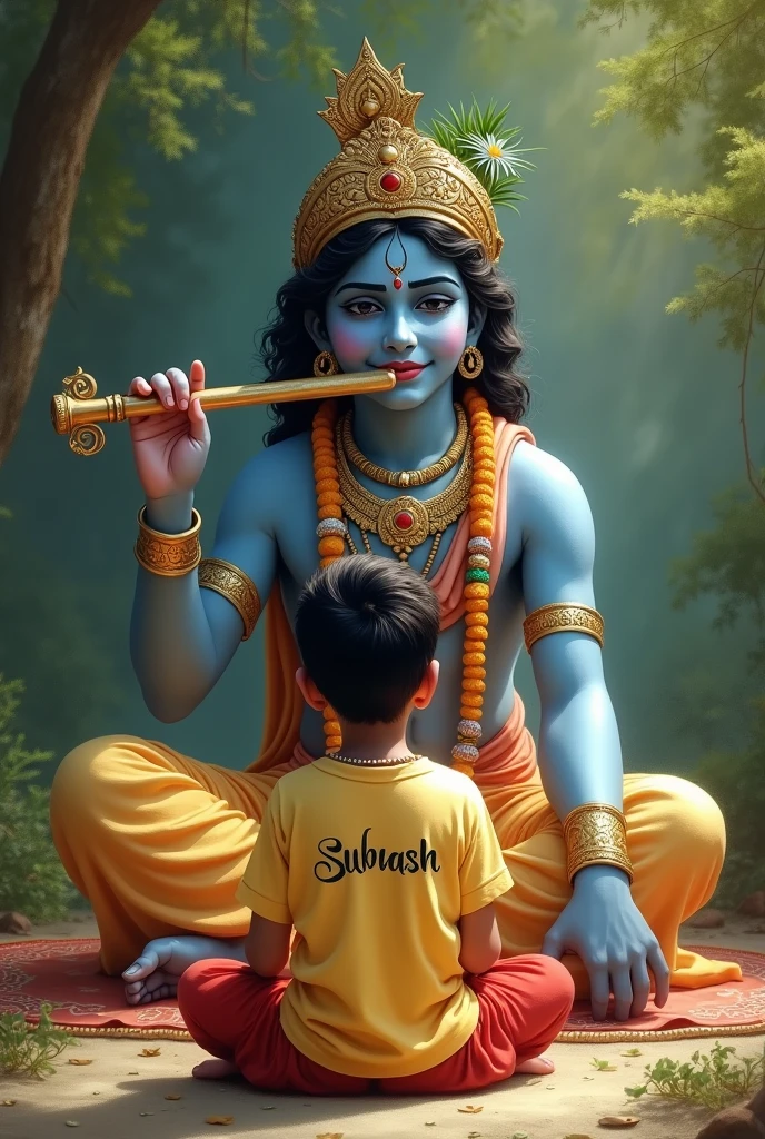 Subhash name of a boy write in his tshirt sit infront of lord krishna he sung his flute and takes blessings 