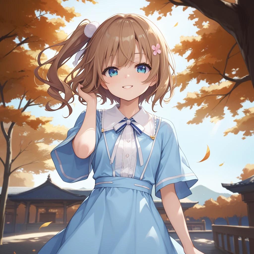 anime girl in a blue dress and white shirt standing in front of a tree, female protagonist 👀 :8, sayori, painted in anime painter studio, made with anime painter studio, young anime girl, chihiro! fujisaki, (anime girl), portrait of an anime girl, anime portrait of shiina ringo, close up of lain iwakura