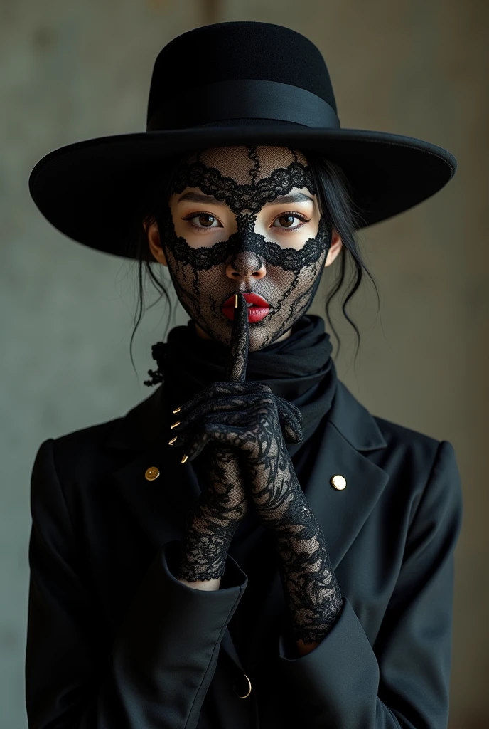 A Japanese woman in her 40s wearing a full-head black lace mask that covers her mouth and nose, with only the eyes cut out.、Long black lace gloves、Black Suit、Elegant wide brim black hat、Putting a finger to the lips、Black and gold scarf