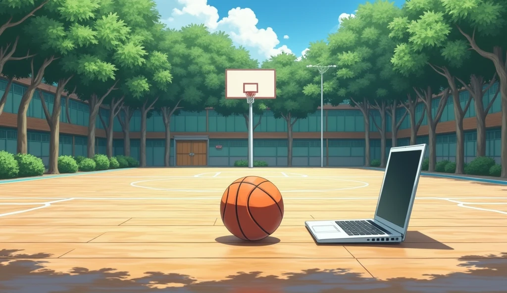 a Japanese outdoor school basketball court. the floor is wooden, the court is empty without any people; there is  one basketball ball and a laptop on the floor in the middle of the court, basketball ball correct size, masterpiece, super detailed. image taken from afar and from the side of the court, anime art