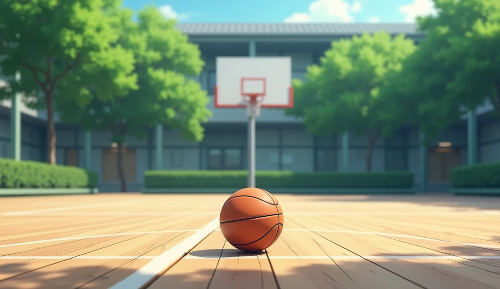 a Japanese outdoor school basketball court. the floor is wooden, the court is empty without any people; there is  one basketball ball and a laptop on the floor in the middle of the court, basketball ball correct size, masterpiece, super detailed. image taken from afar and from the side of the court, anime art