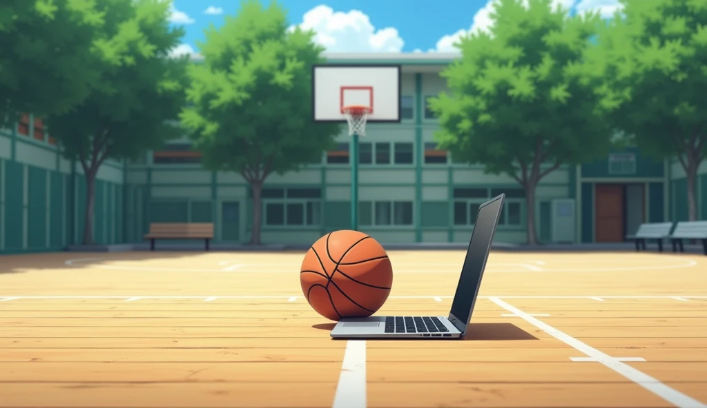 a Japanese outdoor school basketball court. the floor is wooden, the court is empty without any people; there is one basketball ball and a laptop on the floor in the middle of the court, basketball ball correct size, masterpiece, super detailed. image taken from afar and from the side of the court, anime art