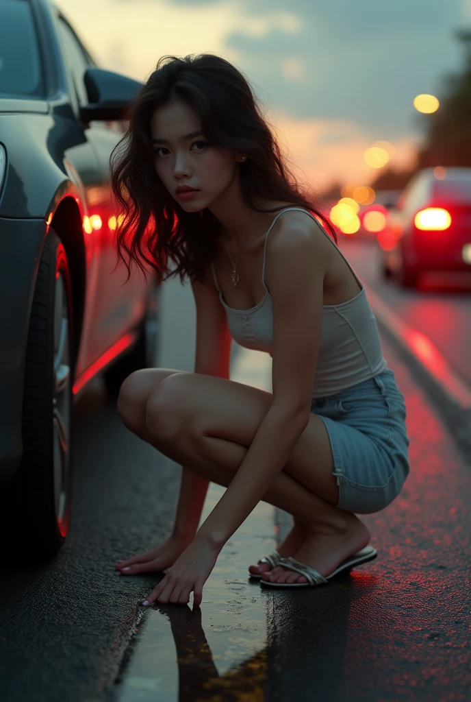 a teen girl squatting next to a car, peeing on the side of a busy freeway, pee stain, realistic, high quality, detailed, photorealistic, depth of field, cinematic lighting, dynamic pose, perfect anatomy, flawless skin, beautiful detailed eyes, beautiful detailed lips, extremely detailed face, long eyelashes, masterpiece, 8k, best quality
