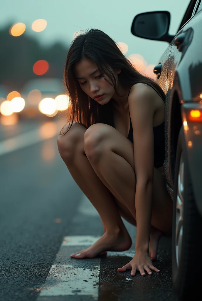 a teen girl squatting next to a car, peeing on the side of a busy freeway, pee stain, realistic, high quality, detailed, photorealistic, depth of field, cinematic lighting, dynamic pose, perfect anatomy, flawless skin, beautiful detailed eyes, beautiful detailed lips, extremely detailed face, long eyelashes, masterpiece, 8k, best quality