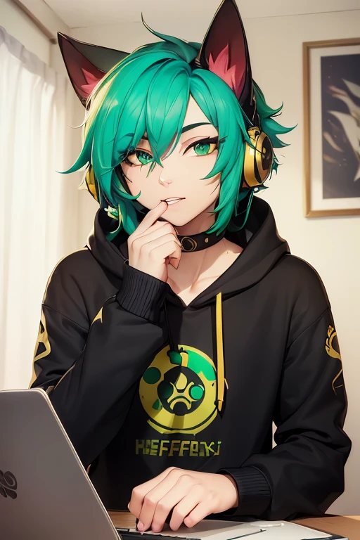 (work of art, Maximum quality, best qualityer, offcial art, beautiful and aesthetic:1.2) Uma Furry Dragão Gamer, Using a Black and Gold Headset, Long Light Green Hair, Caucasian skin, gold eyes, Wearing a Black Sweatshirt and Dark Blue Jeans.