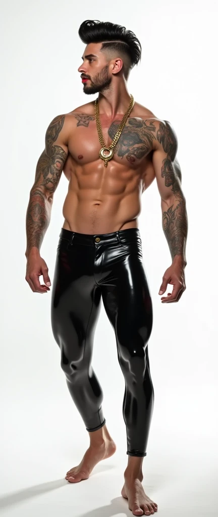 Fullbody standing picture of white Handsome muscular nude horny sexy gay man wearing skinny tight bodysuit, shiny light black hair Disconnected Pompadour oiled hair style, very big golden neck chain, shiny varnished shoes, red lip, six pack, tattoos, horny, cum shot, sperm, milking penis, very big penis, very big testicle, shiny oiled skin, orgasm, oversexed, masturbation, standing at white lighting show room.