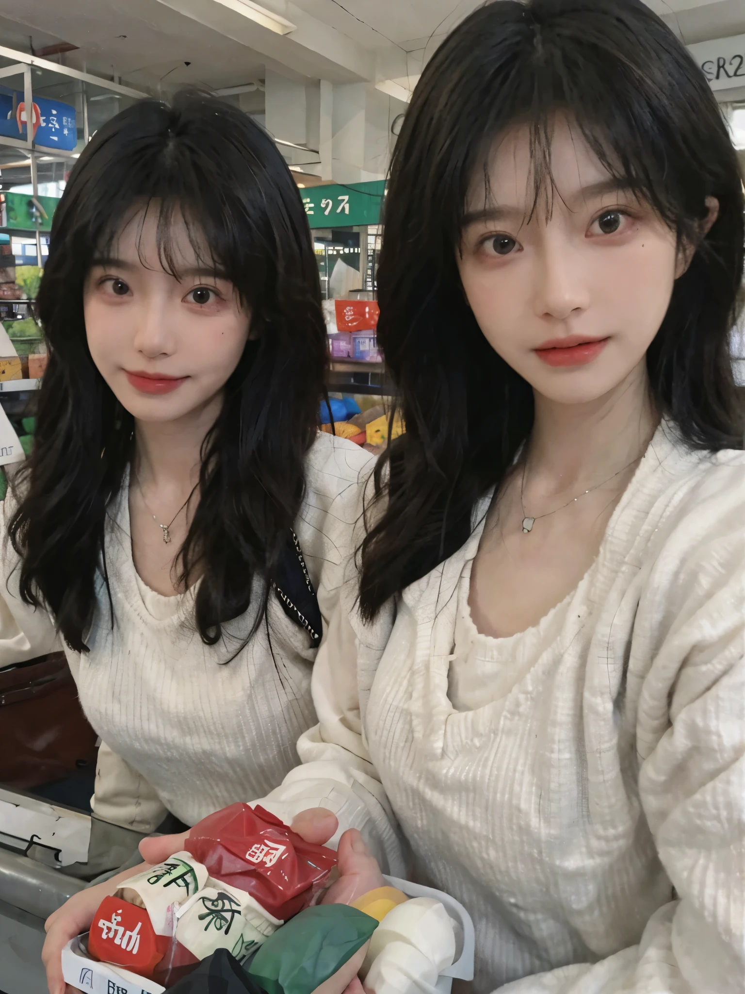 Best quality,Ultra-high resolution,(Realism:1.4),cute,cute发夹,girll,Cropped black sweater,Look directly at the audience,Full of atmosphere,Beautiful woman with a slim figure:1.4,supermarket,whole body,Super delicate face,Exquisite eyes,Double eyelids,necklace