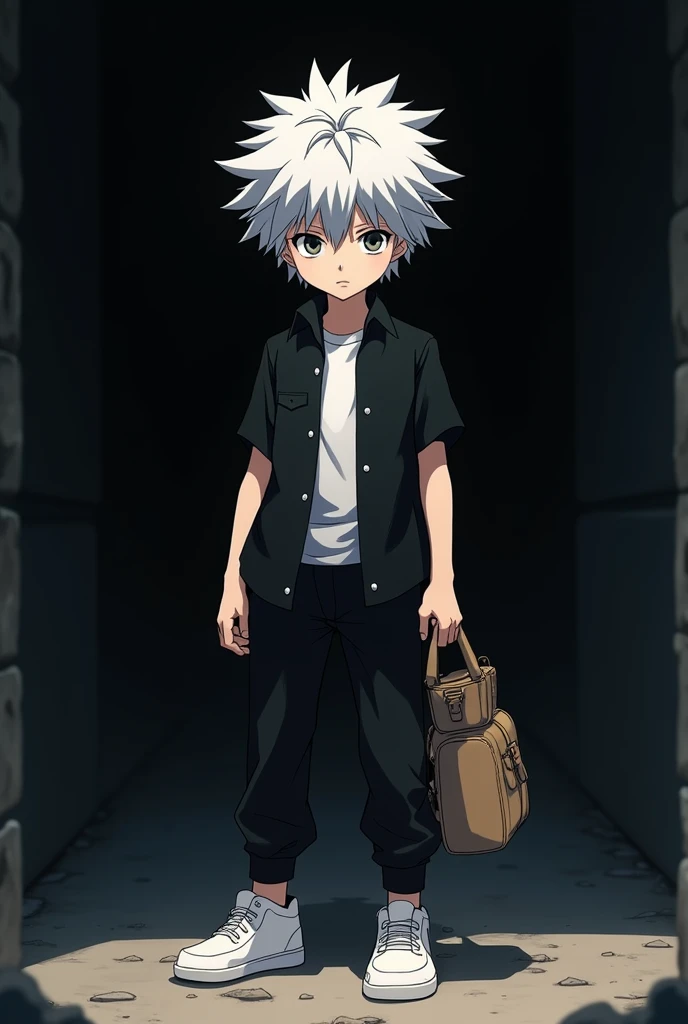 Killiua anime character in hunter x hunter anime series full body seen when he is a liittle boy his dress is black,his shoes white,t-shirt is white his background is dark have a bag