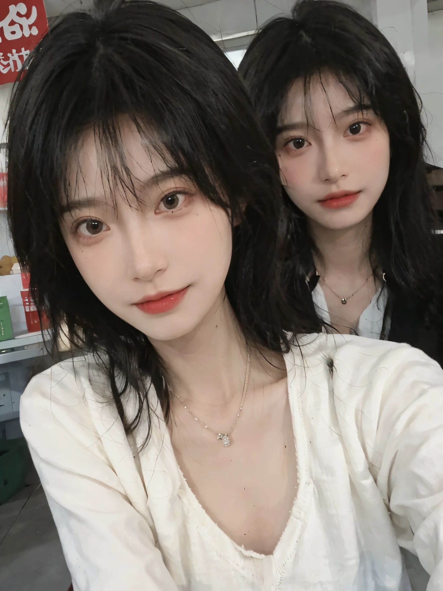 Best quality，Ultra-high resolution,(Realism:1.4)，cute，cute发夹，girll,Cropped black sweater，Look directly at the audience，Full of atmosphere，Beautiful woman with a slim figure:1.4，supermarket，whole body，Super delicate face，Exquisite eyes，Double eyelids，necklace