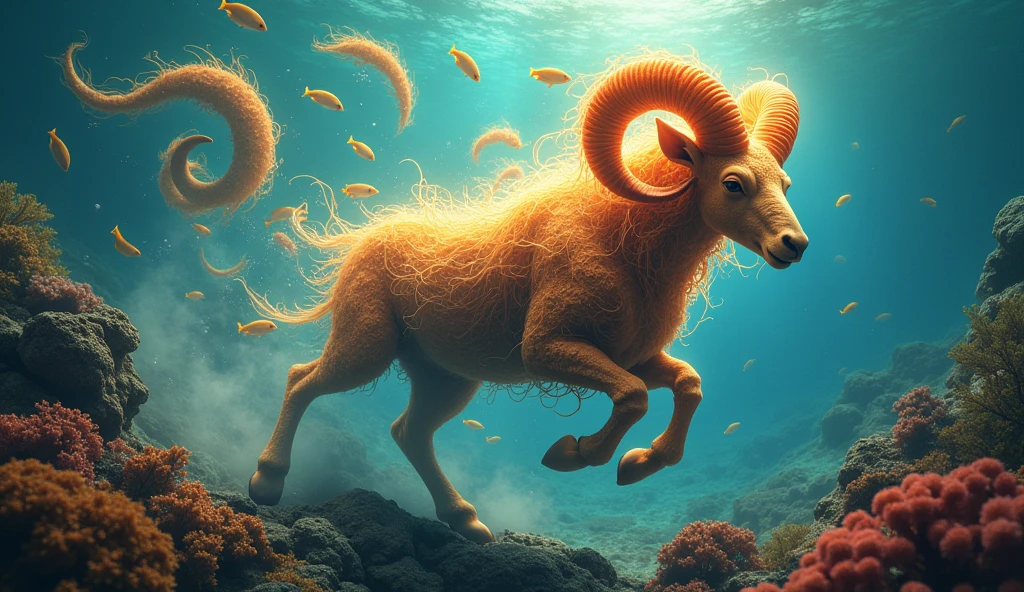 XA majestic underwater scene with a fierce, glowing ram made of corals and seaweed. The ram charges through the ocean, surrounded by swirls of golden light, reflecting the energy of Aries. Schools of fish form the shape of the Aries symbol in the background.