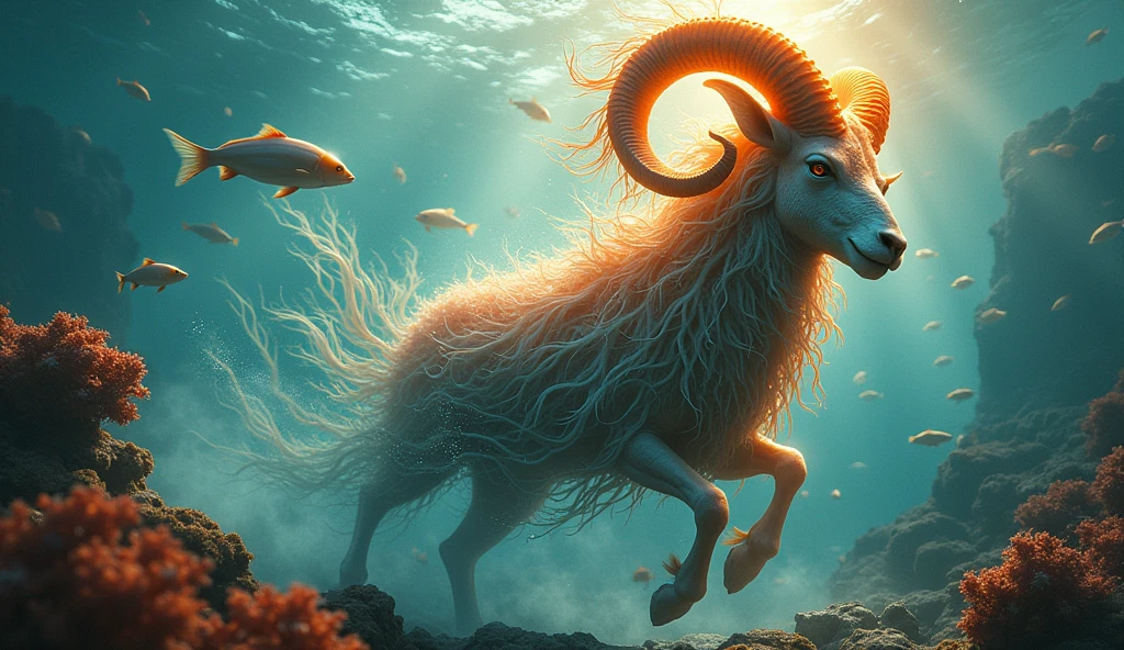 XA majestic underwater scene with a fierce, glowing ram made of corals and seaweed. The ram charges through the ocean, surrounded by swirls of golden light, reflecting the energy of Aries. Schools of fish form the shape of the Aries symbol in the background.