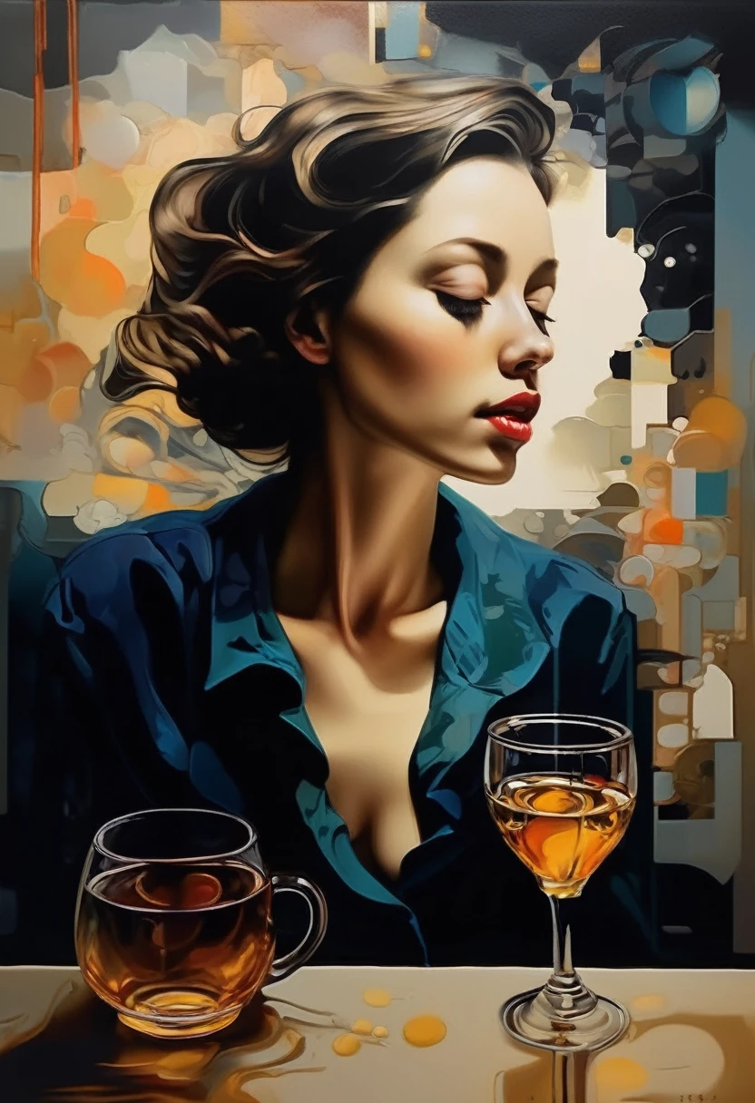 Sensual Illustration Chiaroscuro Illustration Art, By Irina Kapi. Surrealism, Vintage Abstraction, ビールと枝豆を持ってご機嫌な女性のPainting, Super detailed、drunk woman, Highest quality, masterpiece, Painting, Concept Art, Emotional, Atmospheric, Romantic aesthetics, Represents transformation and the ability to see beyond the surface、Ultra high definition、(deep, Delicate colors) paint (draw) 、最高masterpiece、Highest quality、