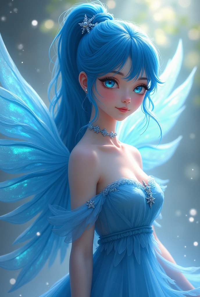 Girl blue hair blue clothes sparkling eyes With  
Wings human ponytail