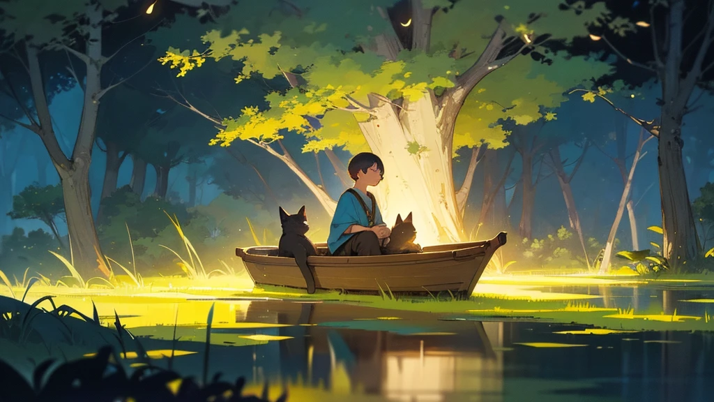 a young boy lying and looking up at the night sky, a cat sleeping on a small raft in a calm very small lake, fireflies illuminating the surroundings, glowing patterns on the grass, leaves, trees, and mushrooms around, atmospheric, serene, detailed, (best quality,8k,highres,masterpiece:1.2),ultra-detailed,(realistic,photorealistic,photo-realistic:1.37),digital painting,cinematic lighting,vibrant colors,beautiful landscape,tranquil scene,fantasy
