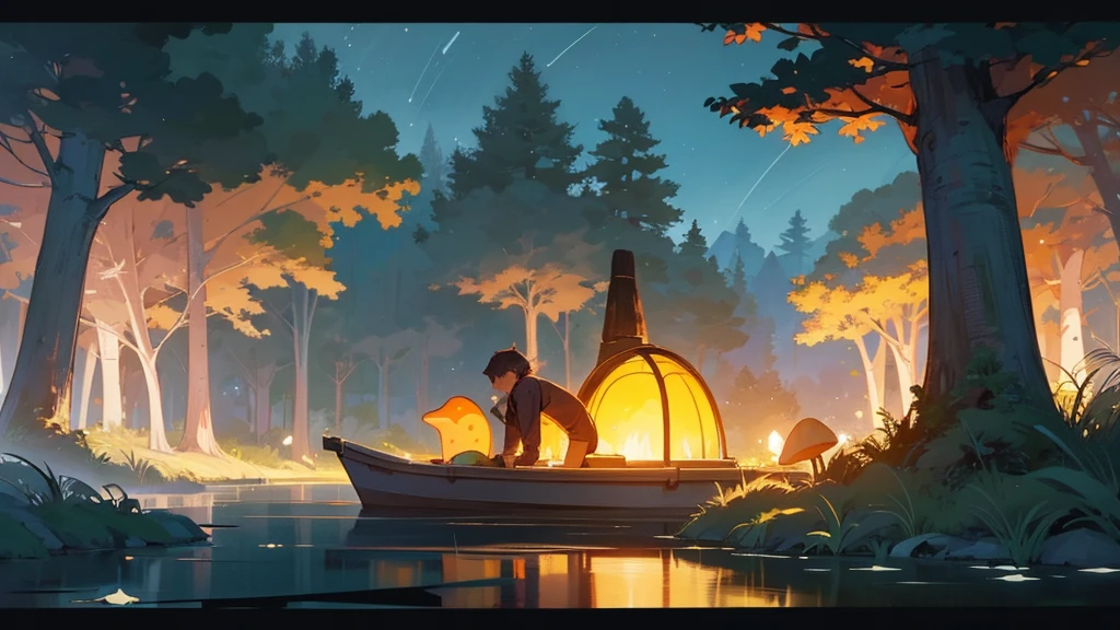 a young boy lying and looking up at the night sky, a cat sleeping on a small raft in a calm very small lake, fireflies illuminating the surroundings, glowing patterns on the grass, leaves, trees, and mushrooms around, atmospheric, serene, detailed, (best quality,8k,highres,masterpiece:1.2),ultra-detailed,(realistic,photorealistic,photo-realistic:1.37),digital painting,cinematic lighting,vibrant colors,beautiful landscape,tranquil scene,fantasy