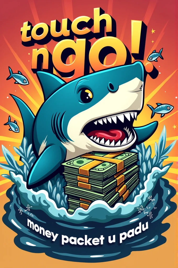 Design an energetic and bold illustration featuring a cartoon-style shark biting into a stack of money. The shark is surrounded by smaller fish, symbolizing wealth and opportunities. The main text at the top should read 'Touch n Go!' in a retro, dynamic font. Below the shark and money, add the phrase 'Money Packet U Padu' and the year '2024' in matching vibrant colors and style. The overall design should feel lively, with a sense of movement and excitement, using bright and contrasting colors."