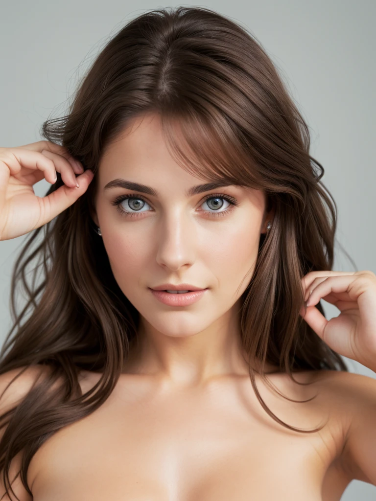 1 woman, (realist:1), Perfect eyes, Brown hair, by the wide, black eyes, happy, sexy pose, Whole body, model, Topless