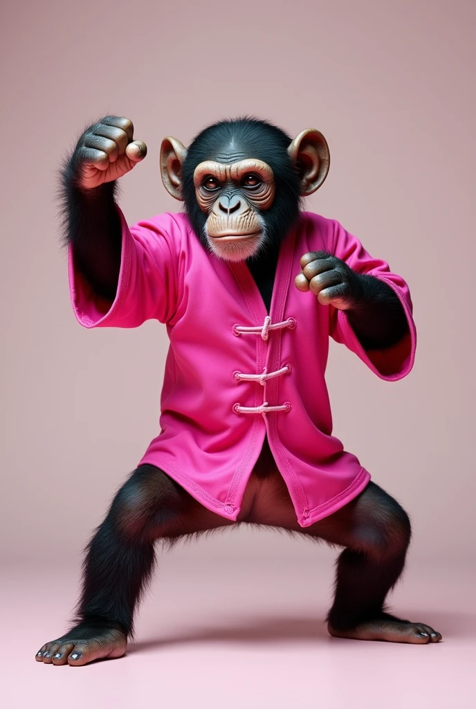 A chimpanzee. In a pink Kung Fu outfit. Doing a kung-fu pose.