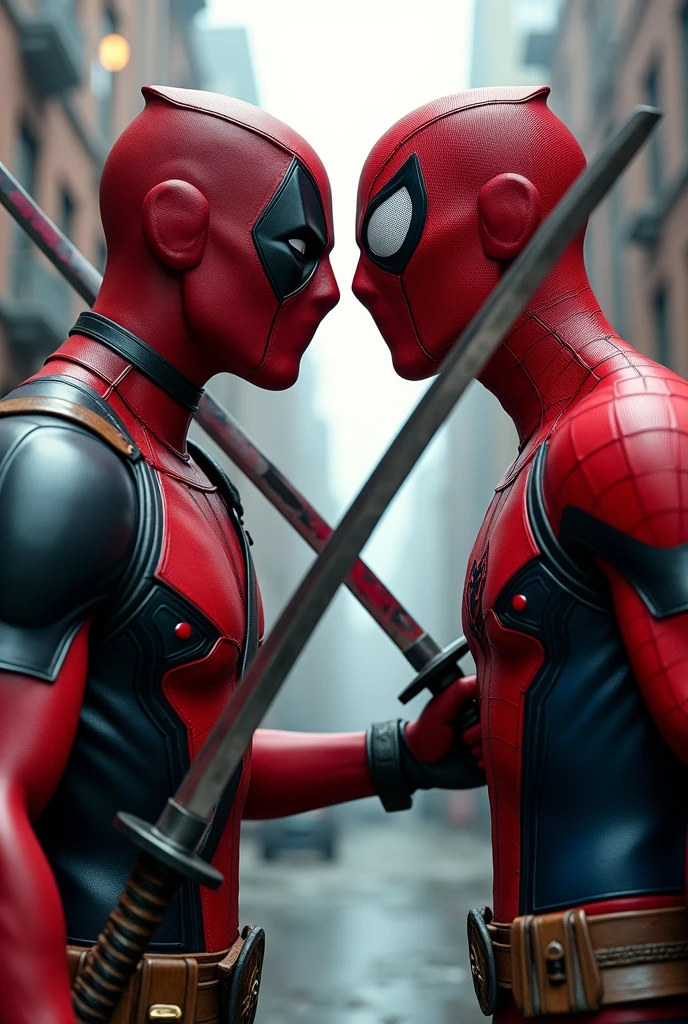 Deadpool and spideramn standing with katana in there hand deadpool and spider man holding katana to eachothers neck Deadpool holding katana to spideraman throat spideramn holdi katanas to Deadpool throat 