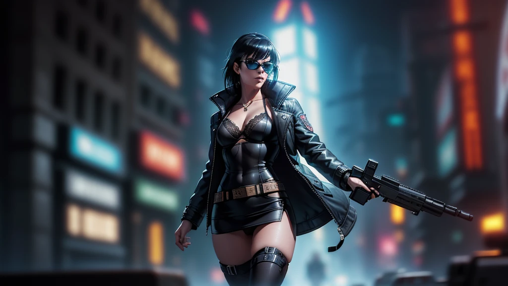 cyberpunk-style city with a nocturnal vibe with Blade Runner-like aesthetic references, glowing huge clock tower as time machine. At night, (1girl, solo, alone), photorealistic, medium-breast slim:0.6 body, oval:0.5 face, cleavage:1.1, sexy black laced bra, miniskirt, white laced panty, coat, (black micro sunglasses), (holding a short gun), (slightly leaning forward running pose), ((half-body thigh level medium shot)), cinematic lighting, ray tracing, motion blurred background.