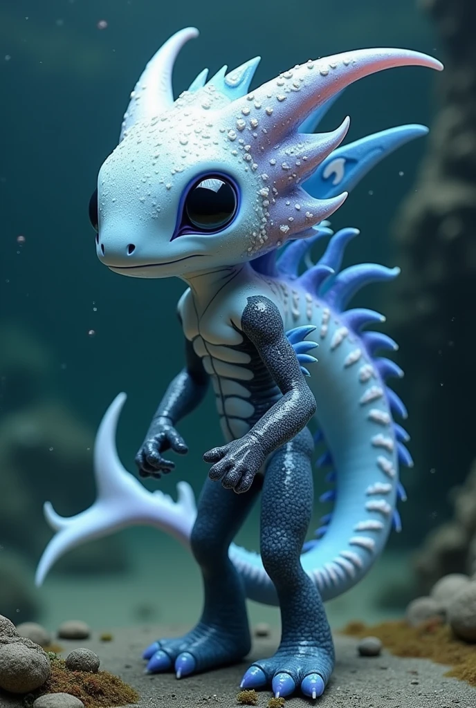 Character inspired by an Atlantic glaucus with a pale blue head decorated with white and purple black eyes black and white arms pale blue decorated with white and black a pale blue body tincture of white mixed with grayish a pale blue tail decorated with grayish mixed with white legs an aquatic blade made of blue metal decorated with grayish mixed with white is a dangerous fighter side is he is 2m24 in size 
