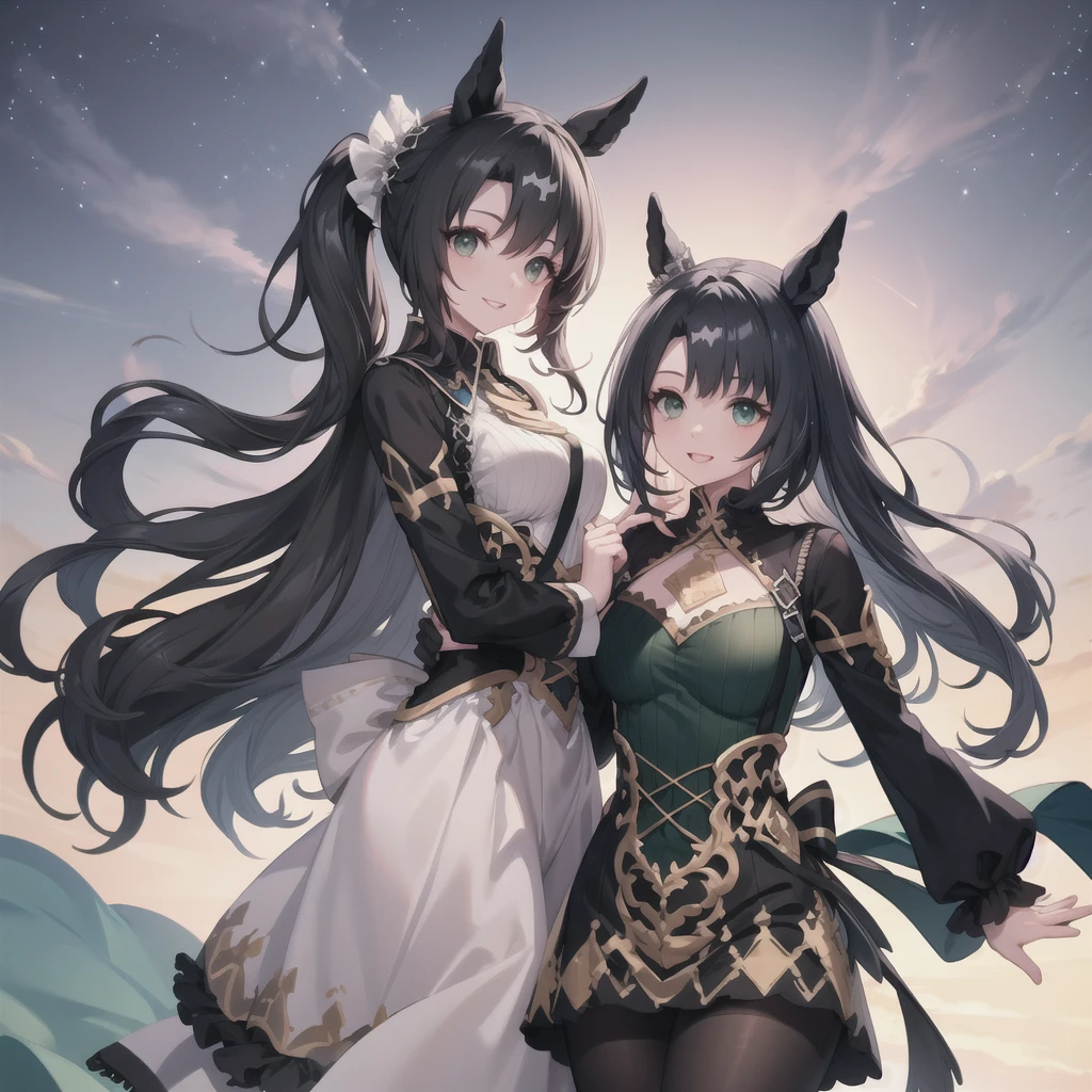 Highest quality、Highest quality、Highest Resolution、masterpiece、Anime Drawing、独奏。green shoulderless long knit。pantyhose。lipstick、smile。Glamorous Body、Beautiful breasts、Touch your head with your hand、Active Posing。Black Hair、Long Hair、ponytail。Lots of hair ornaments。Beautiful child with horse ears。Night Sky、Strong winds、Chest centered。
