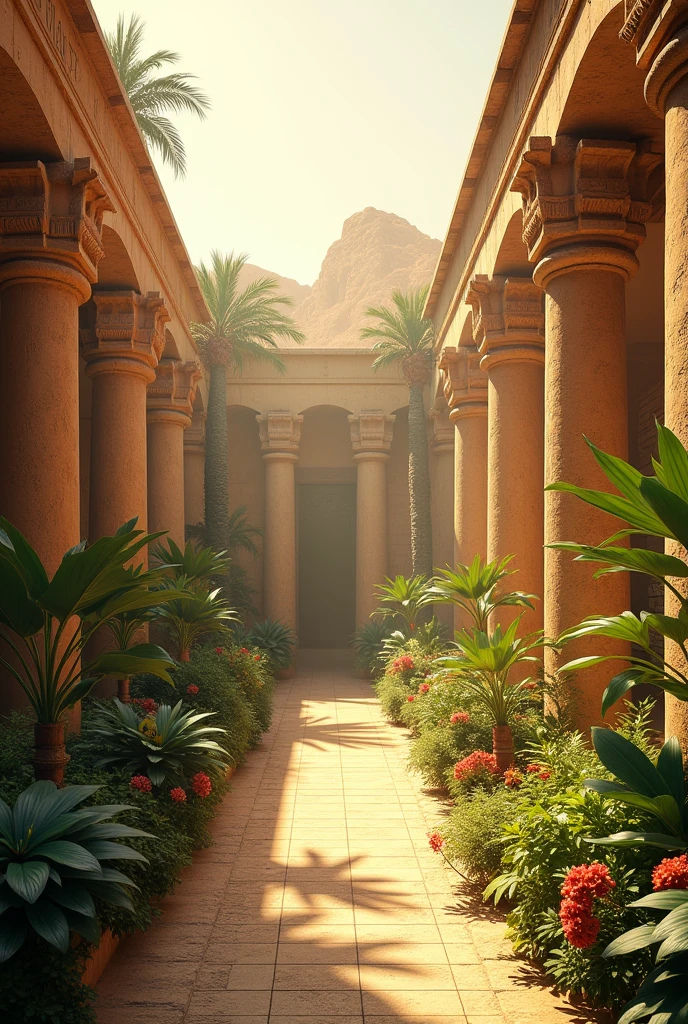 Background, ancient egypt, courtyard, garden, lights effects, no people, large open area, side view 