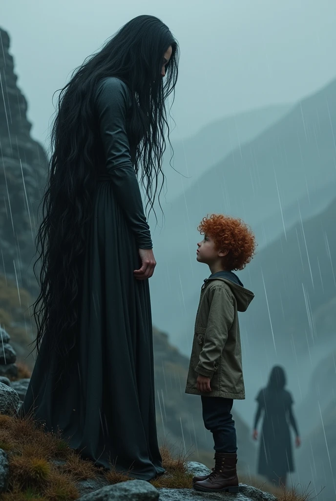 Sur une montagne où il pleut, Une femme aux vraiment très longs cheveux noirs et la peau blanche, elle est déterminée. Devant elle, se tient de dos un enfant garçon, aux cheveux roux bouclés et la peau blanche. En arrière plant ce tien deux silhouettes. 