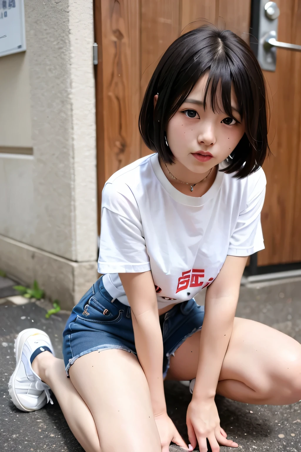 Beautiful girls dressed as 1970s Japanese elementary school students.,she is cute and beautiful like an idol.,She is pure and innocent.,She is wearing a white T-shirt,Extremely short, tight, and skinny denim shorts,High socks and sneakers.Japanese,Black short bob