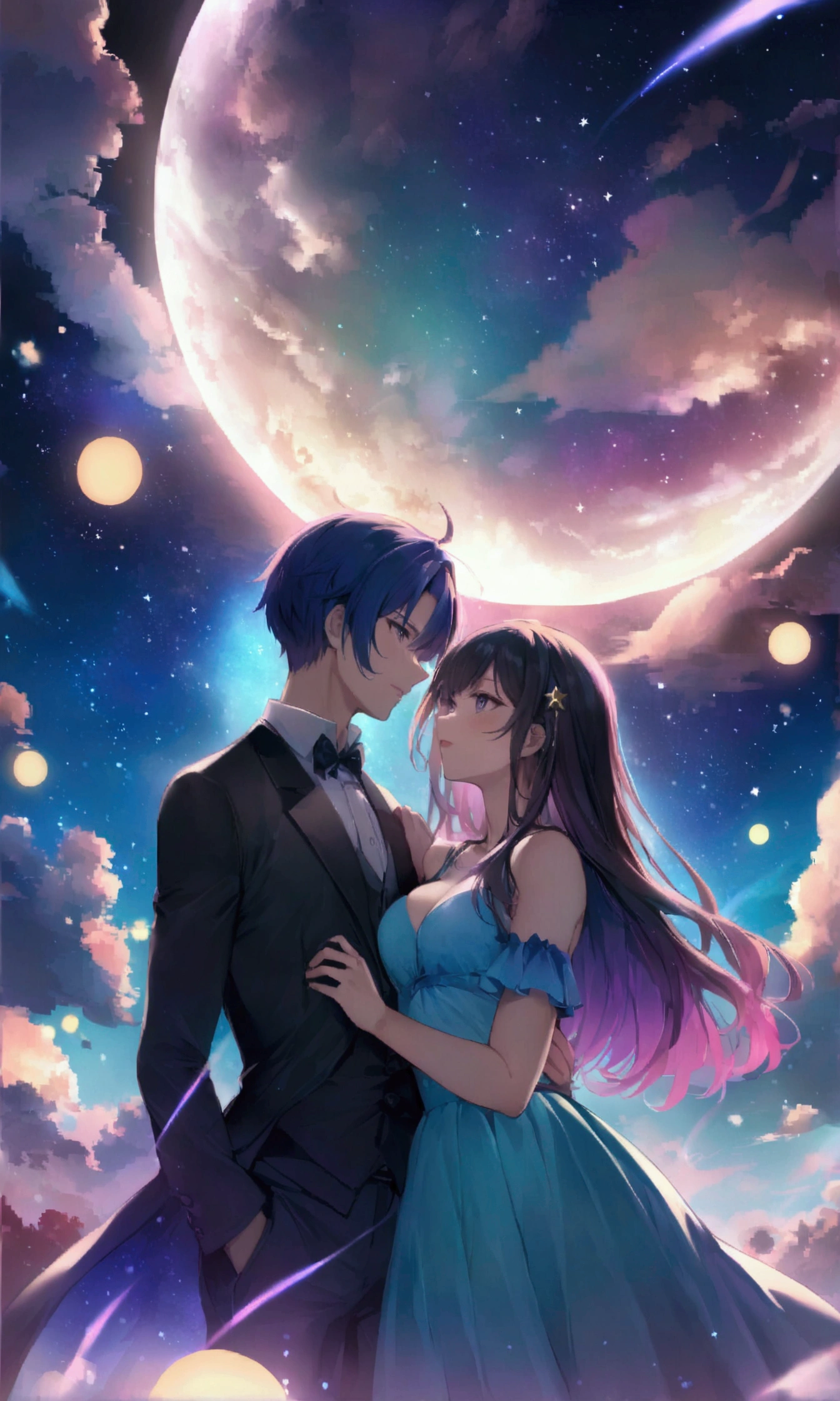 Dream colors,masterpiece,detailed,Starry sky background,cloud,Light and shadow effects,Movie Effects,colorful,Young couple,Full moon night