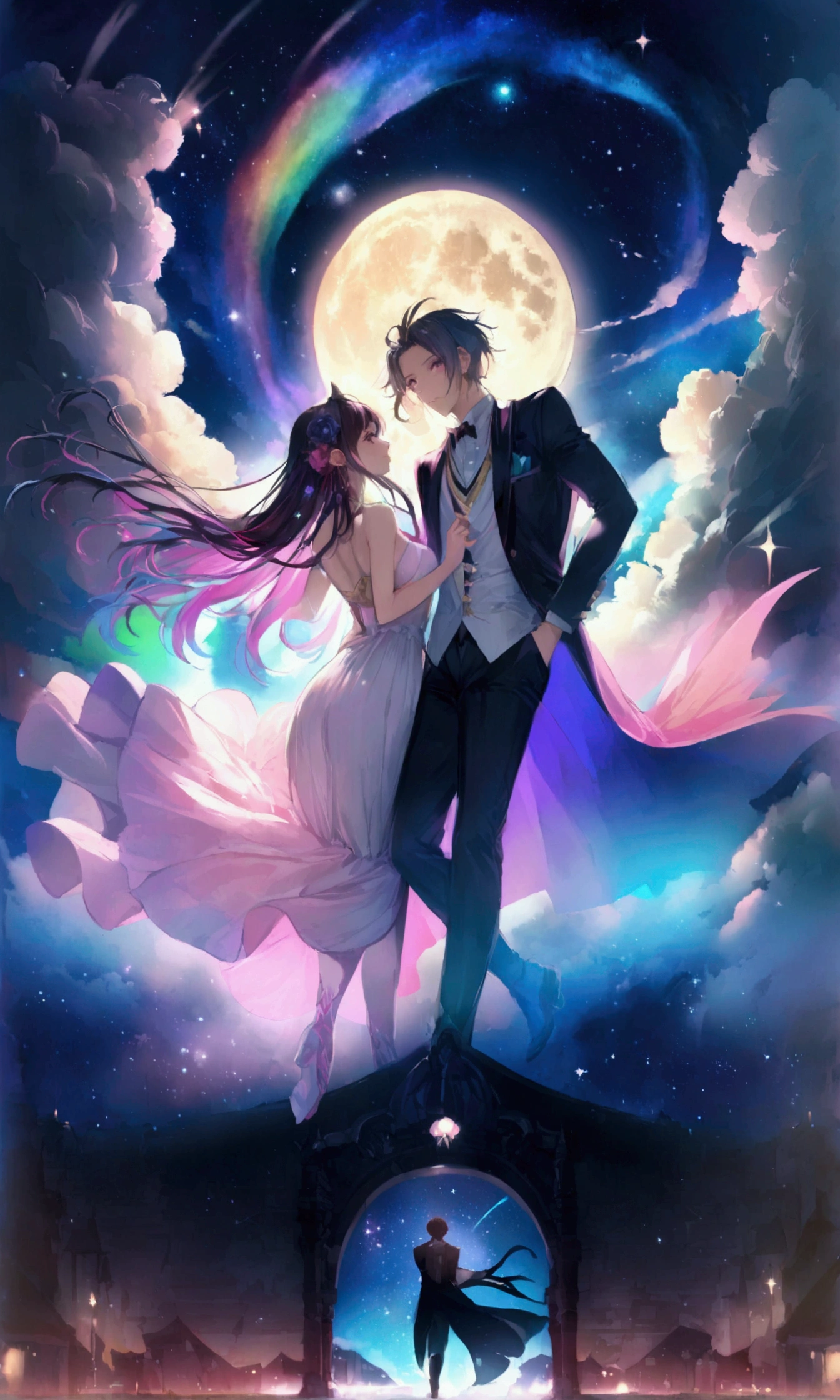 Dream colors,masterpiece,detailed,Starry sky background,cloud,Light and shadow effects,Movie Effects,colorful,Young couple,Full moon night