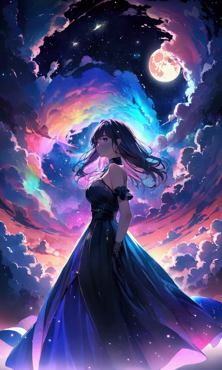 Dream colors,masterpiece,detailed,Starry sky background,cloud,Light and shadow effects,Movie Effects,colorful,Young couple,Full moon night