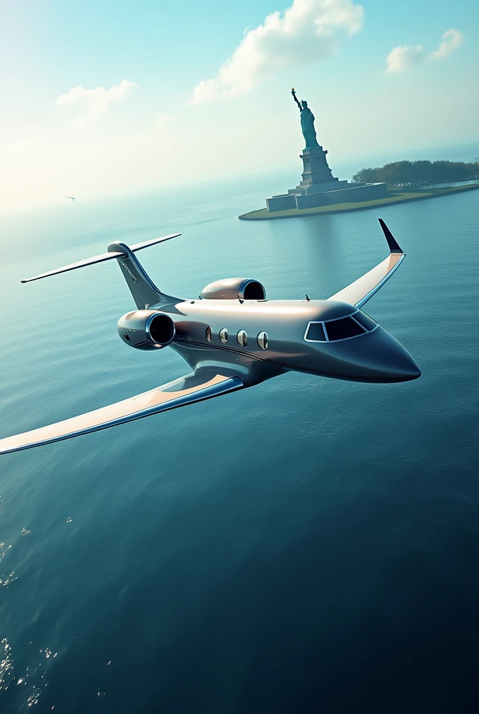 (best quality, masterpiece), (private jet gulfstream G650ER, fly across the ocean, Towards America, below you can see the statue of liberty,)