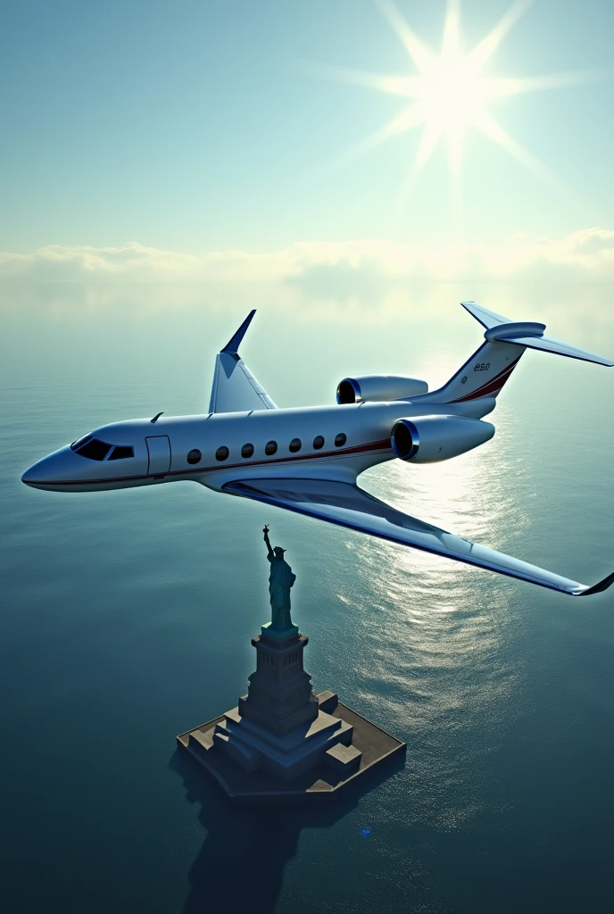 (best quality, masterpiece), (private jet gulfstream G650ER, fly across the ocean, Towards America, below you can see the statue of liberty,)