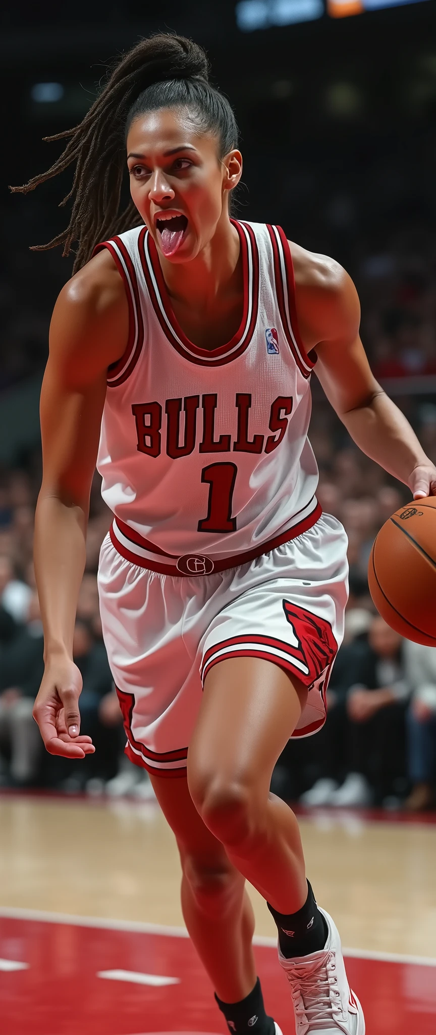 (masterpiece),(Highest quality),(Very detailed),(Ultra-high resolution),(Realistic:2.0),(RAW Photos:2.0),8k,wallpaper,(11 women:2.0),(Very beautiful woman:2.0),(Women basketball players:2.0),(Dribble past your opponent:2.0),(dynamicアングル:2.0),(Chicago Bulls uniform:2.0),(The woman is sticking out her tongue:2.0),(Serious:2.0),(Very detailed顔:2.0),(Very detailed手:2.0),(Detailed tongue:2.0),(Muscular:2.0),(dynamic:2.0),(Basketball court),(dynamic:2.0),(VFX:2.0),(Cowboy Shot:2.0)