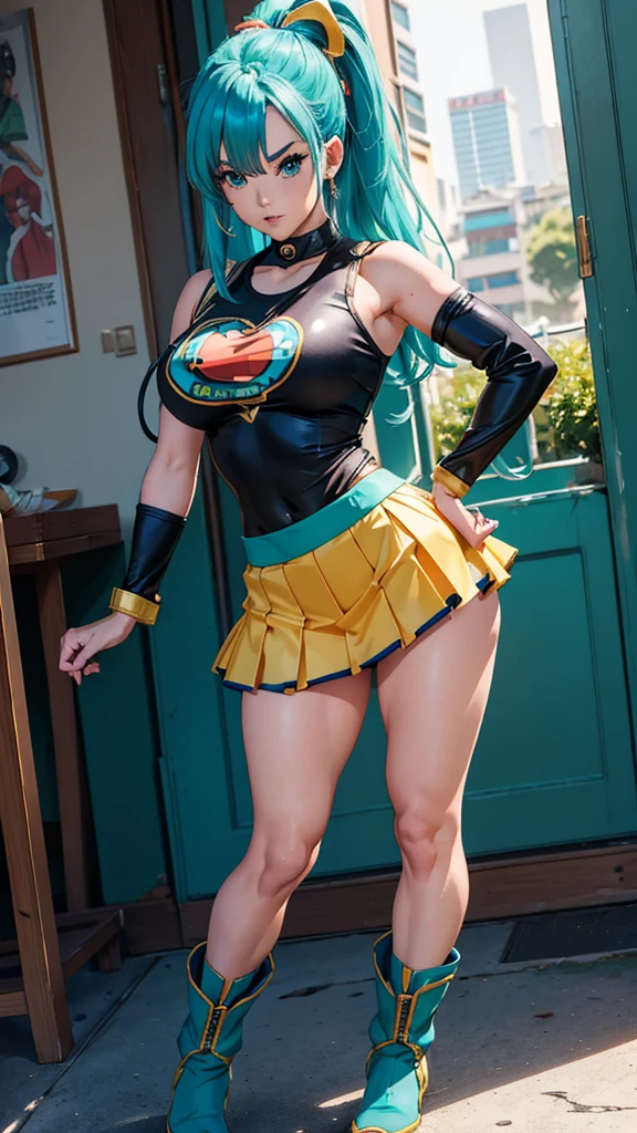 masterpiece, best quality, highres, dragonball, blmmid, aqua Hair, medium hair, with short skirt and boots, hyperrealism, ((desde atras)), ((gluteos redondos levantados medianos)), seductive cosplayer, girl, anime girl in real life , chica sexy, attractive body