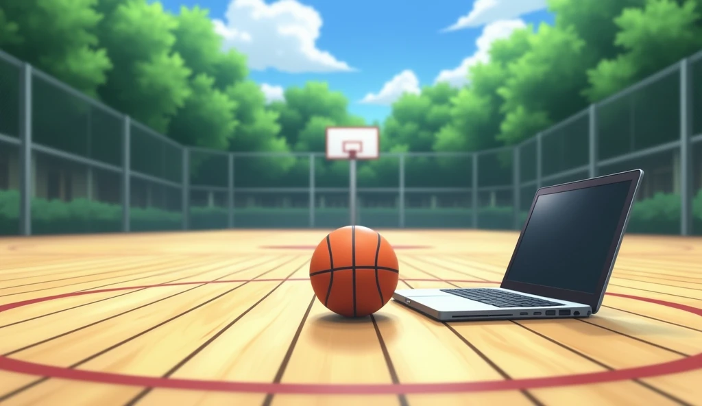 a Japanese outdoor school basketball court. the floor is wooden, the court is empty without any people; there is one basketball ball and a laptop on the floor in the middle of the court far from camera, basketball ball correct size, masterpiece, super detailed. image taken from the side of the court, anime art
