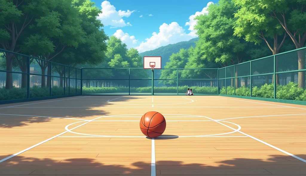 a Japanese outdoor school basketball court. the floor is wooden, the court is empty without any people; there is one basketball ball and a laptop on the floor in the middle of the court far from camera, basketball ball correct size, masterpiece, super detailed. image taken from the side of the court, anime art