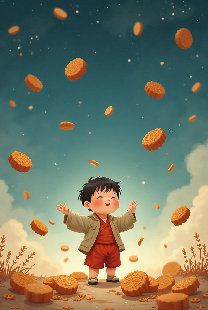 Draw me a picture , The chubby boy picked up a lot of moon cakes that fell from the sky., The boy picked it up for his mother.