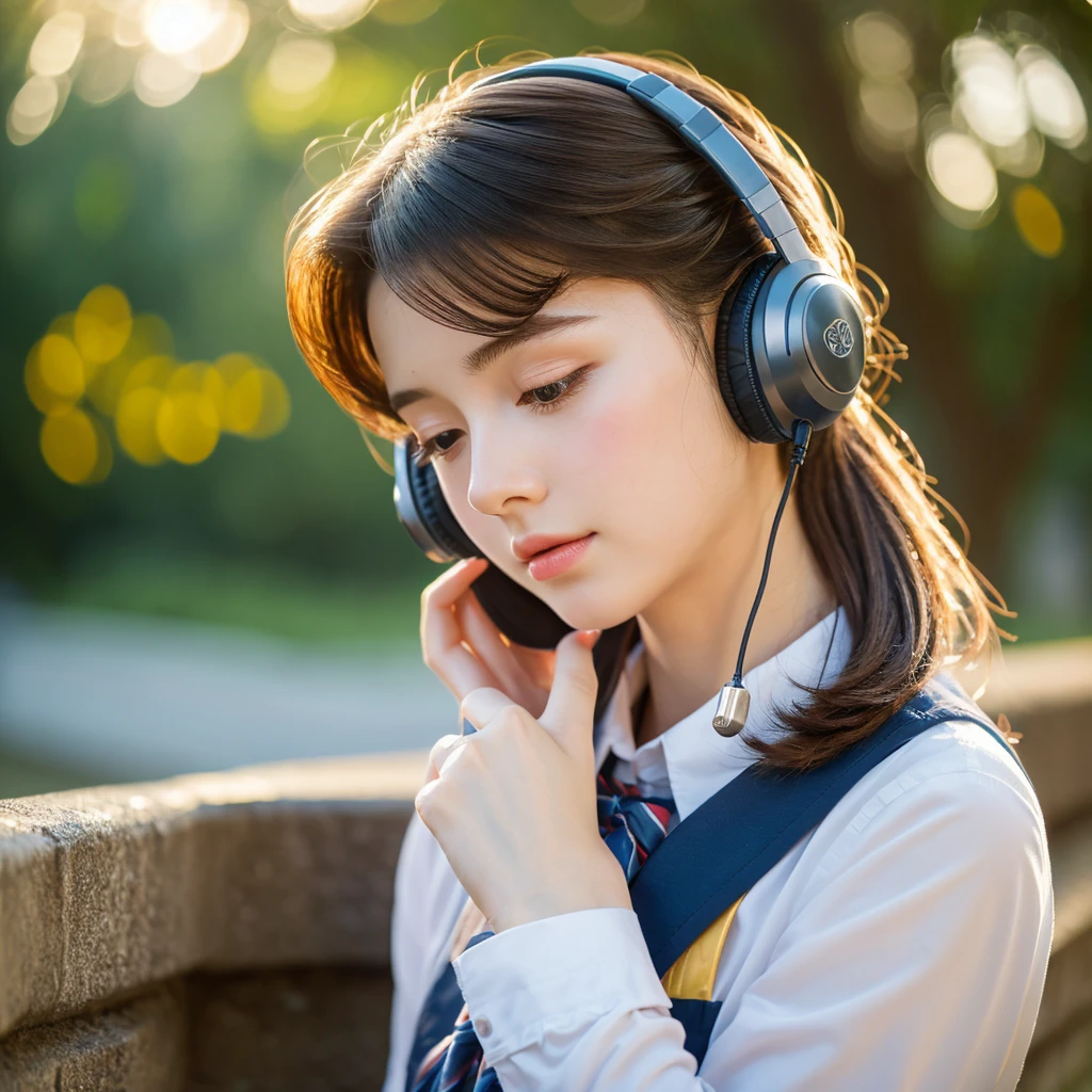 a beautiful detailed girl with headphones, looking into the distance while studying and listening to music, detailed face, porcelain skin, long eyelashes, delicate lips, wearing a school uniform, 8k, photorealistic, cinematic lighting, intricate details, vibrant colors, masterpiece