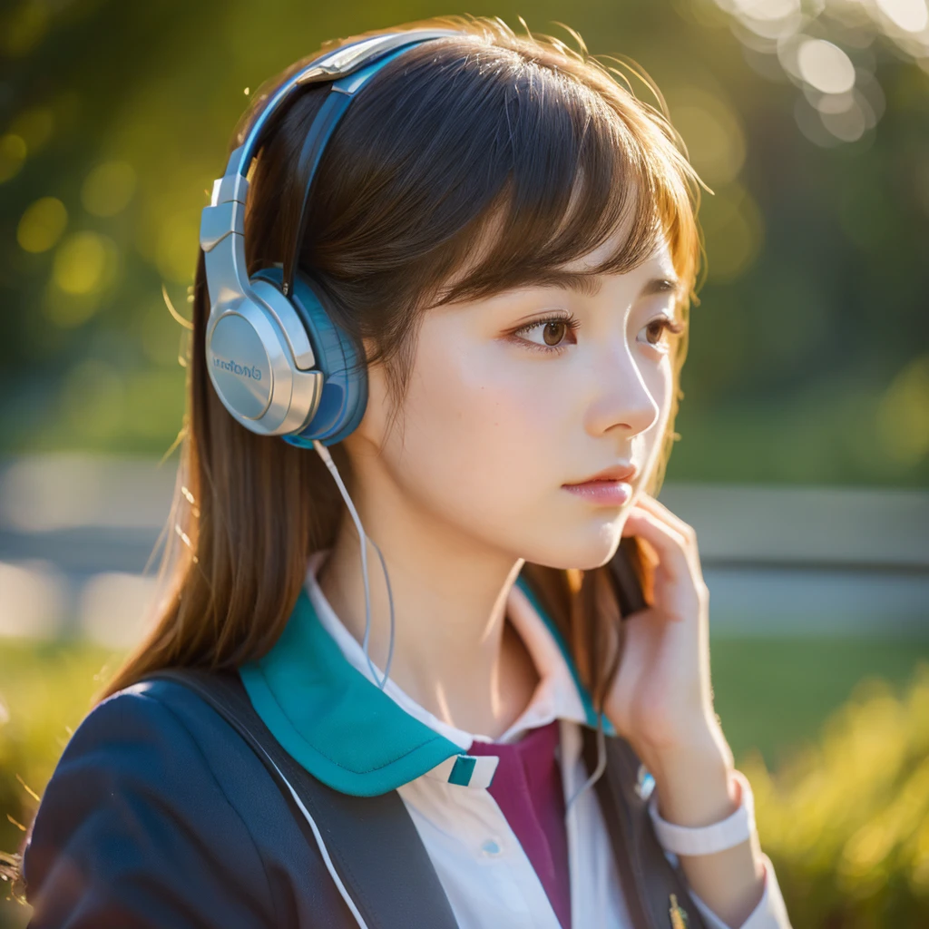 a beautiful detailed girl with headphones, looking into the distance while studying and listening to music, detailed face, porcelain skin, long eyelashes, delicate lips, wearing a school uniform, 8k, photorealistic, cinematic lighting, intricate details, vibrant colors, masterpiece