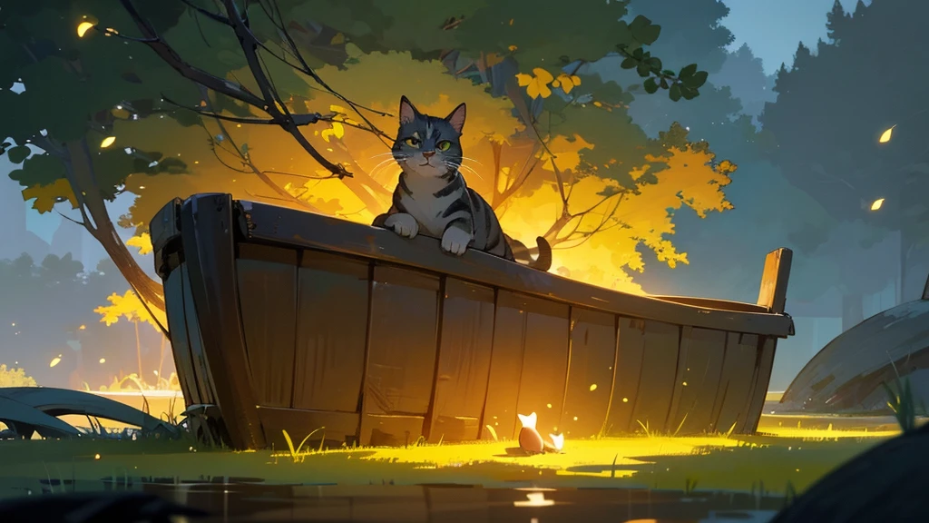 a young boy lying and looking up at the night sky, a cat sleeping on a small raft in a calm very small lake, fireflies illuminating the surroundings, glowing patterns on the grass, leaves, trees, and mushrooms around, atmospheric, serene, detailed, (best quality,8k,highres,masterpiece:1.2),ultra-detailed,(realistic,photorealistic,photo-realistic:1.37),digital painting,cinematic lighting,vibrant colors,beautiful landscape,tranquil scene,fantasy