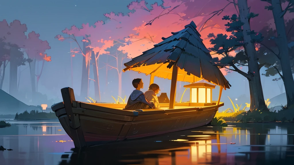 a young boy lying and looking up at the night sky, a cat sleeping on a small raft in a calm very small lake, fireflies illuminating the surroundings, glowing patterns on the grass, leaves, trees, and mushrooms around, atmospheric, serene, detailed, (best quality,8k,highres,masterpiece:1.2),ultra-detailed,(realistic,photorealistic,photo-realistic:1.37),digital painting,cinematic lighting,vibrant colors,beautiful landscape,tranquil scene,fantasy