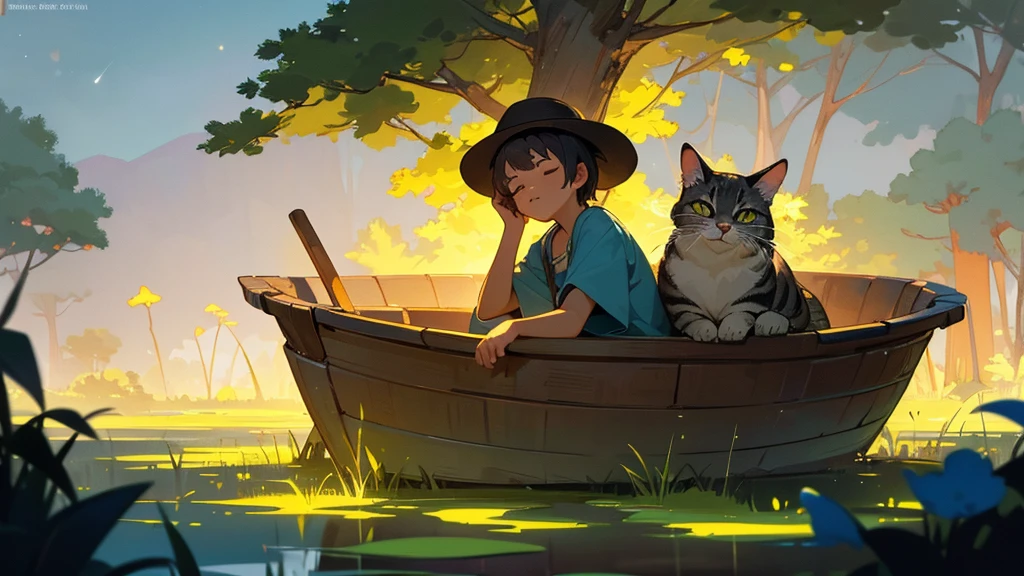 a young boy lying and looking up at the night sky, a cat sleeping on a small raft in a calm very small lake, fireflies illuminating the surroundings, glowing patterns on the grass, leaves, trees, and mushrooms around, atmospheric, serene, detailed, (best quality,8k,highres,masterpiece:1.2),ultra-detailed,(realistic,photorealistic,photo-realistic:1.37),digital painting,cinematic lighting,vibrant colors,beautiful landscape,tranquil scene,fantasy