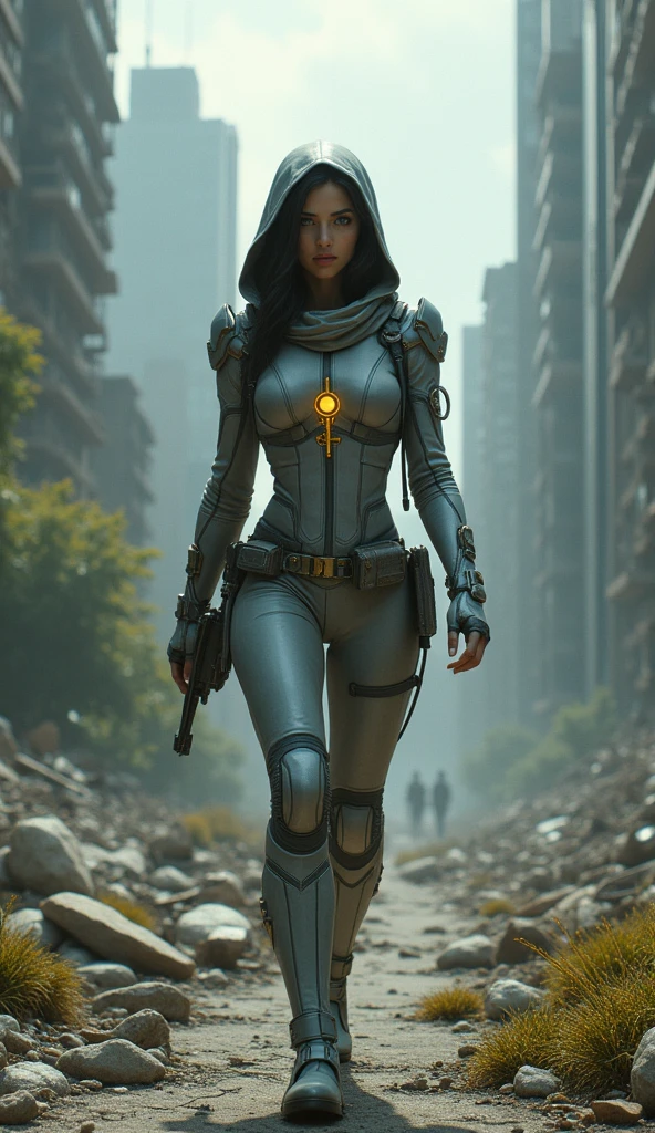 "A photo-realistic depiction of Eclipse walking through the ruins of a once-great city, now reduced to crumbling buildings and shattered streets. The air is thick with dust and the remnants of a society long gone. Skyscrapers lie toppled, and the roads are cracked and overgrown with vegetation. Eclipse, with her shoulder-length jet-black hair partially hidden under a hood, moves through the debris in her light gray, form-fitting leather suit. Her golden mechanical key glows faintly, a beacon of hope in the desolate landscape. The time-traveling device on her arm pulses softly, searching for remnants of the past that may hold the key to her quest. The background is filled with the silence of abandonment, punctuated only by the occasional creak of collapsing structures. Her deep blue eyes, filled with determination and a sense of loss, are fixed on the horizon, where the answers she seeks may lie hidden in the ruins."