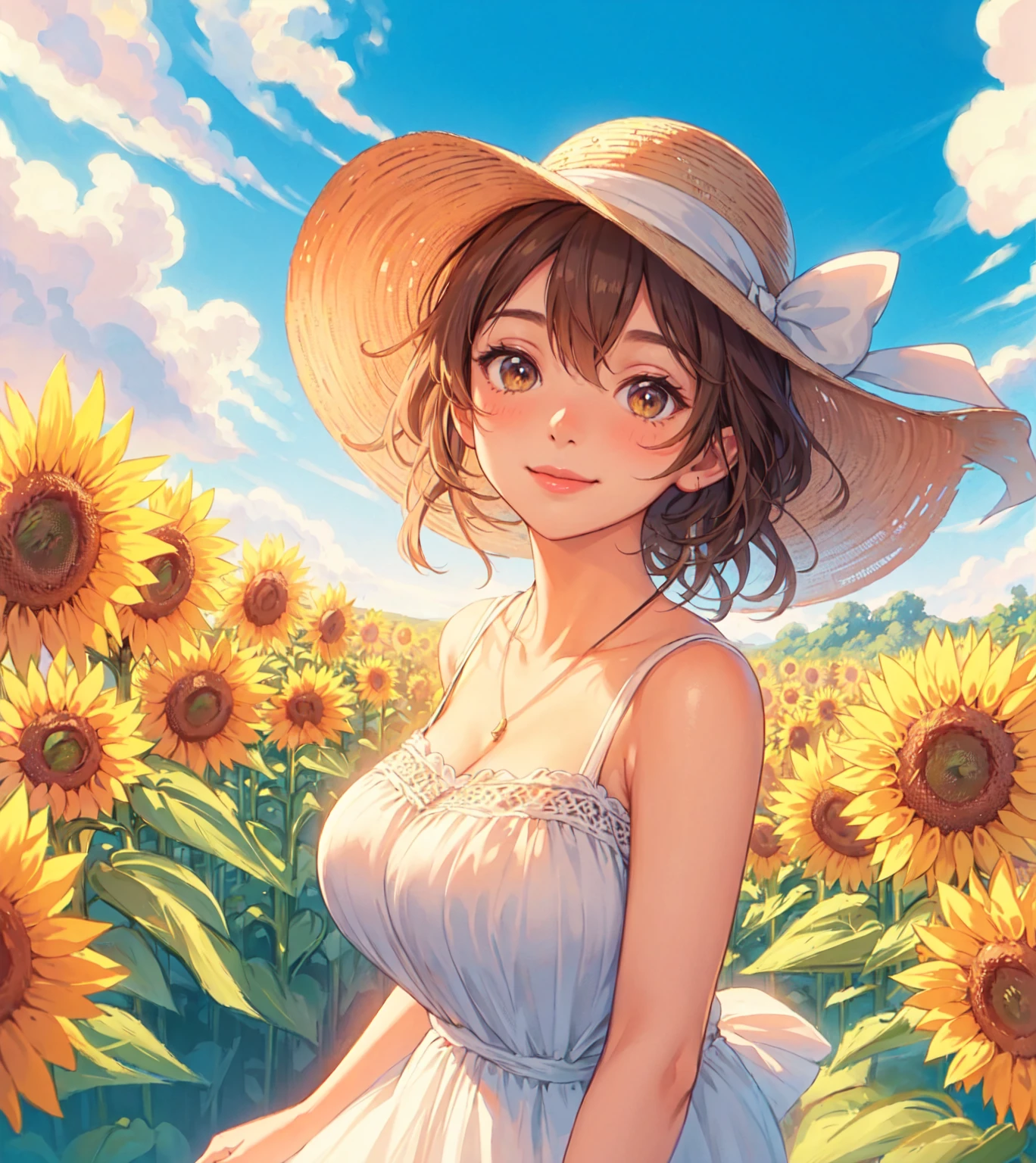 1lady standing, stylish outfit (refreshing attire), (sundress) (straw hat), (mature female:0.8), /(brown hair/) bangs, blush kind smile, (masterpiece best quality:1.2) delicate illustration ultra-detailed, large breasts BREAK (vibrant sunflower field) outdoors, blue sky, sunlight, detailed background