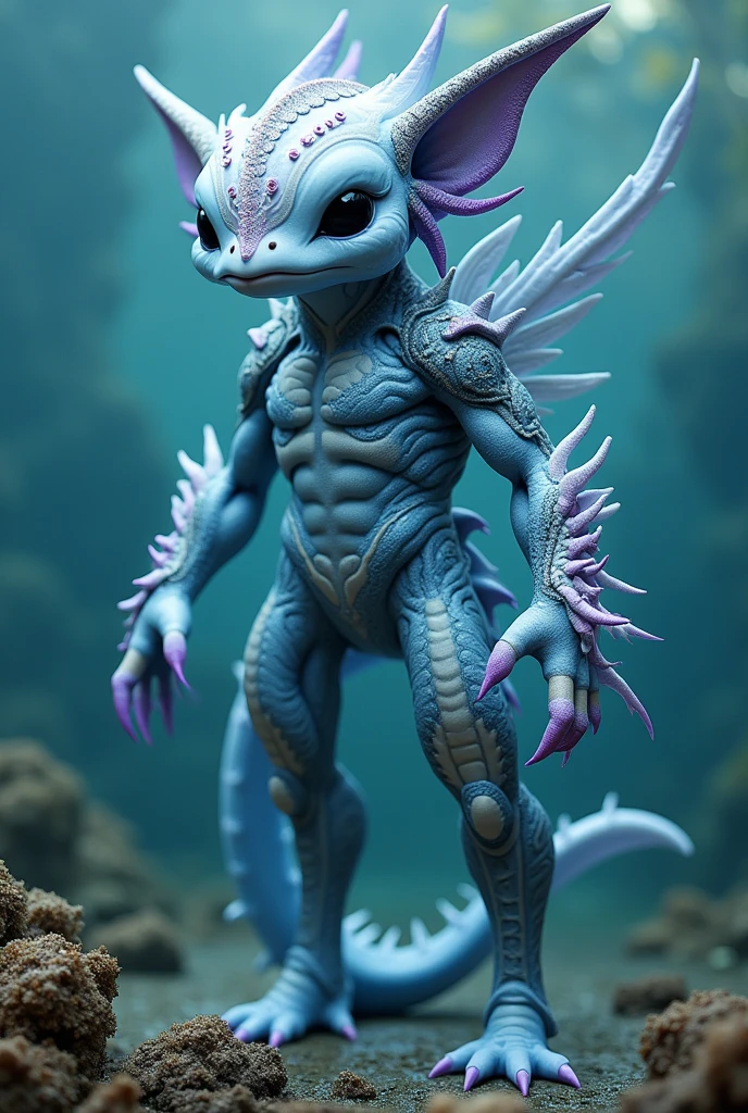 Character inspired by an Atlantic glaucus with a pale blue head decorated with white and purple black eyes black and white arms pale blue decorated with white and black a pale blue body tincture of white mixed with grayish a pale blue tail decorated with grayish mixed with white legs an aquatic blade made of blue metal decorated with grayish mixed with white is a dangerous fighter side is he is 2m24 in size 