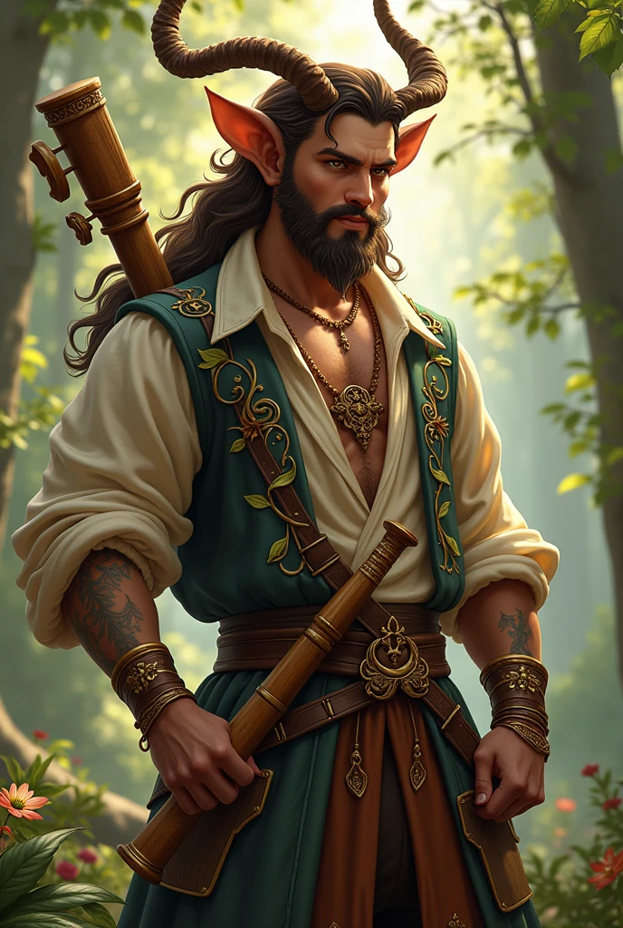 "A gallant and virile adult faun with small, refined horns that curve elegantly from his forehead. He has a jovial figure with a medium build, exuding both strength and warmth. His face is adorned with a well-kept goatee, adding to his youthful yet mature charm. His skin is sun-kissed, and his hair is thick and wavy, falling around his shoulders with a few leaves and wildflowers interwoven. He wears a finely tailored vest over a loose, open-necked shirt, with intricate patterns of vines and musical notes in rich, golden thread. A beautifully crafted lute rests on his back, and he holds a well-worn wooden flute in his hand, a testament to his long-standing passion for music. His presence is confident and inviting, with a natural air of charisma. The surrounding air hums with a lively melody, reflecting his skill as a bard and his joyful connection to the world around him."